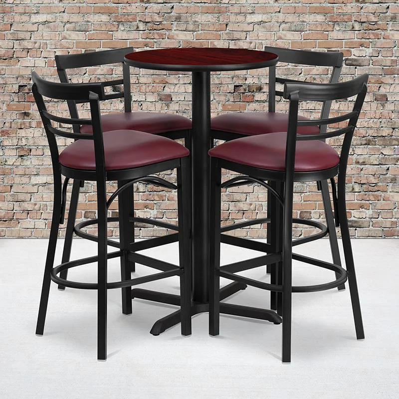 24'' Round Mahogany Laminate Table Set With X-Base And 4 Two-Slat Ladder Back Metal Barstools - Burgundy Vinyl Seat By Flash Furniture | Bar Stools & Table | Modishstore - 1