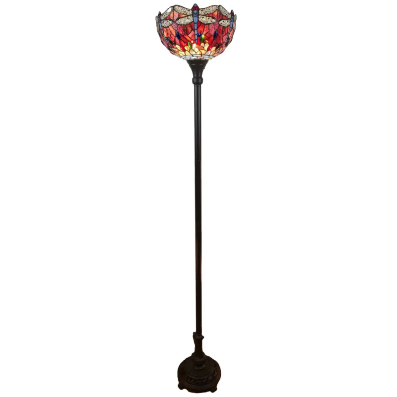 Black And Red Torchiere Floor Lamp With Red Dragonfly Glass Dome Shade By Homeroots | Floor Lamps | Modishstore - 1