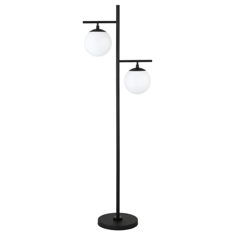 Black And White Two Light Tree Floor Lamp With White Glass Globe Shade By Homeroots | Floor Lamps | Modishstore - 1