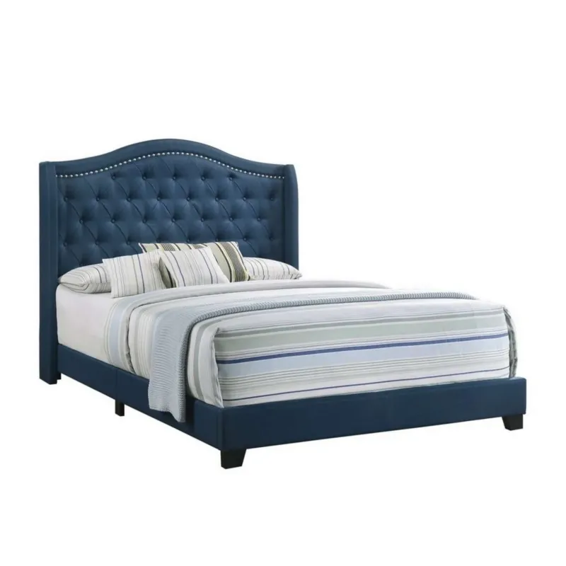 Fabric Upholstered Wooden Demi Wing Queen Bed With Camelback Headboard,Blue By Benzara | Beds | Modishstore