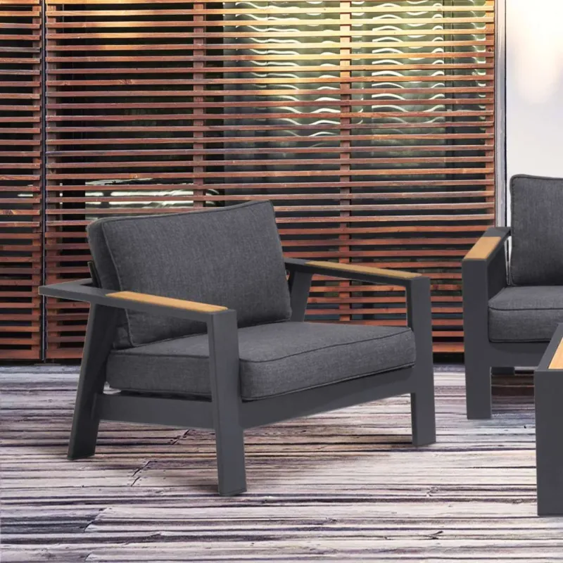 Palau Outdoor Chair in Dark Grey with Natural Teak Wood Accent and Cushions By Armen Living | Outdoor Sofas, Loveseats & Sectionals | Modishstore