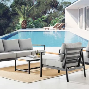 Crown 4 Piece Black Aluminum and Teak Outdoor Seating Set with Dark Gray Cushions By Armen Living | Outdoor Sofas, Loveseats & Sectionals | Modishstore
