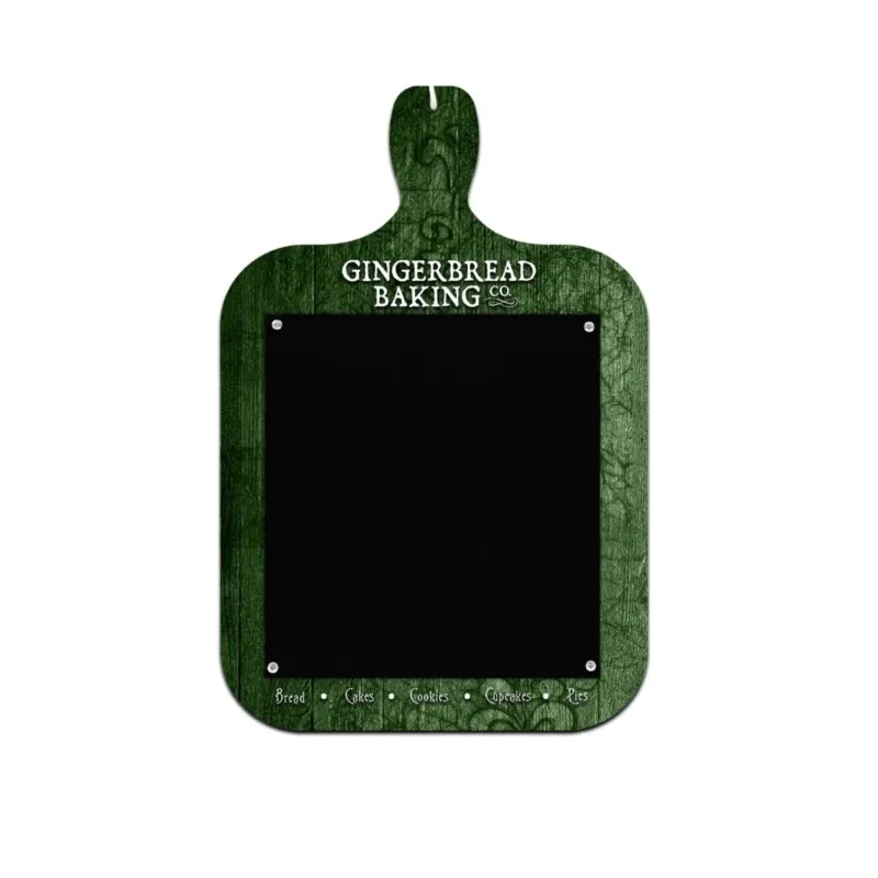 Green wooden cutting board with black chalkboard surface and 'Gingerbread Baking Co.' branding.